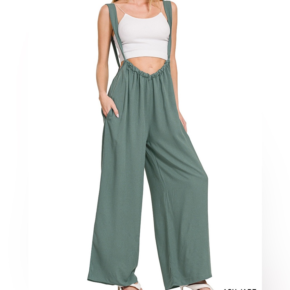 Woven Tie-Back Suspender Jumpsuit in Ash Jade